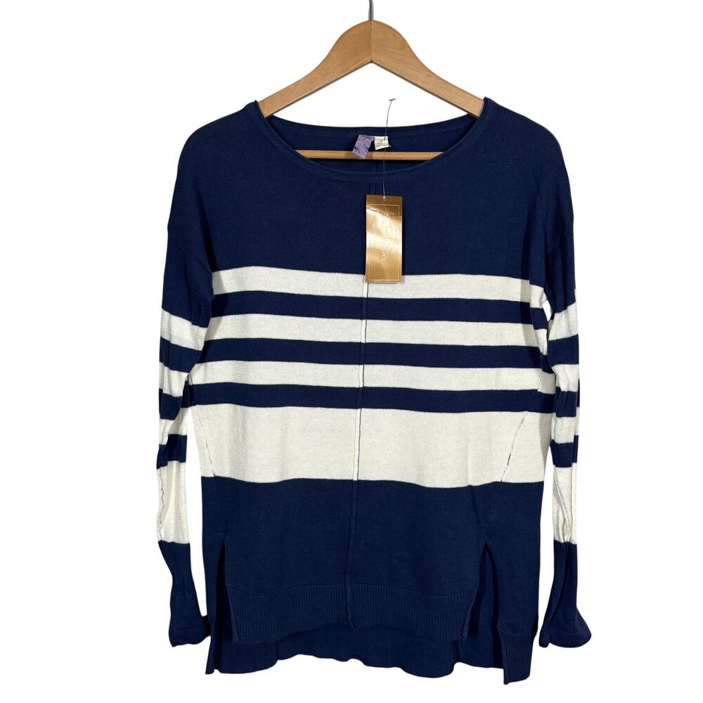 NEW! Alya Knit Top Long Sleeve Sweater Scoop Neck Blue Cream - S